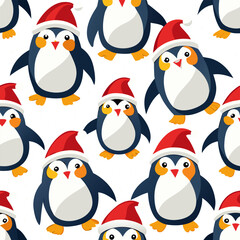 Penguin Seamless pattern Christmas Santa Claus hat bird vector 