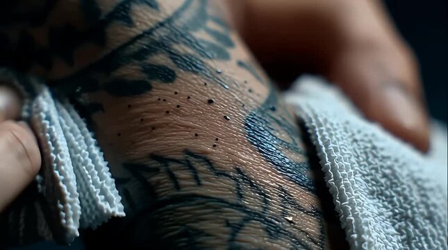 Close-up of skin with dark ink tattoos being cleaned with a white towel