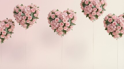 heart-shaped floral balloons floating indoors for elegant valentine romance with copy space