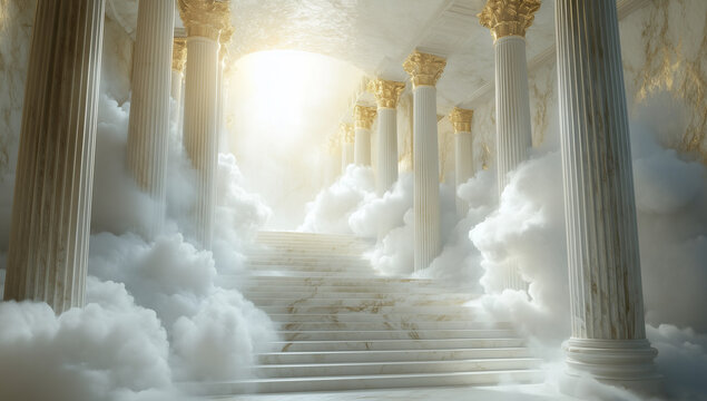 Celestial White Marble Throne Room With Golden Columns, Staircase To Sky-High Clouded Hall