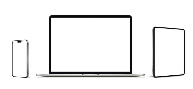 Modern laptop mockup front view and smartphone and tablet mockup isolated on white background