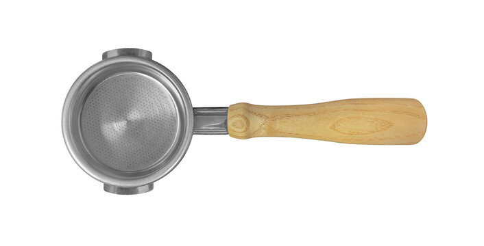 Top view bottomless portafilter basket with wooden handle Coffee equipment for espresso machines isolated on white background