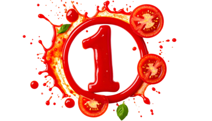 Red numeral "1" in a ring of tomato sauce with splashes, halved tomatoes and leaves
