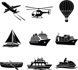 Collection of black silhouette icons representing various air sea and water transportation vehicles