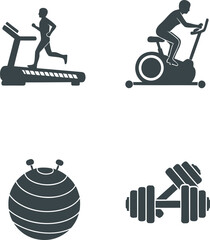Collection of silhouette icons depicting fitness equipment for exercise and physical training