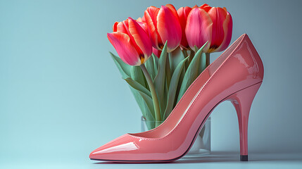 Pink high heel shoe next to a clear vase filled with bright tulips on a light blue background women's day 