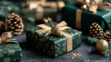 Elegant Christmas Gift Wrapped in Dark Green with Gold Patterns and Ribbons