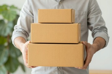 Hands holding stacked cardboard boxes for small business shipping and delivery
