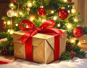 Festive gift under lit tree, red bow. Warm glow, pinecones, soft focus, creating a cozy Christmas atmosphere