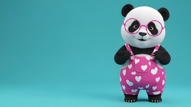 Cute 3d panda character wearing pink overalls and glasses