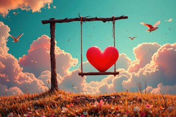 Surreal Valentine: Glowing Heart on a Swing in a Dreamy Sunrise Sky with Origami Birds, perfect for Romantic Greetings and Expressing Love.