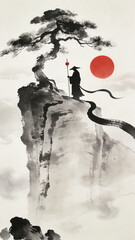 Ink Wash Painting of a Lone Swordsman Standing on a Cliff Peak with a Greeting Pine and Red Sun, Capturing Traditional Chinese Chivalry and Landscape Aesthetics