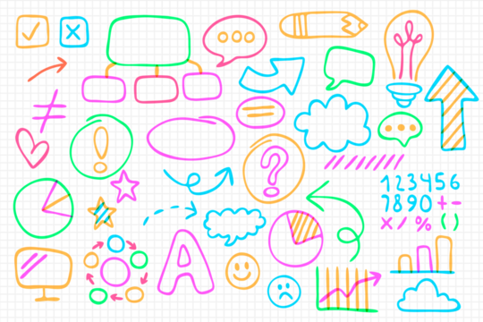 Colorful Hand-Drawn Doodle Icons and Symbols on Grid Paper Background - Powered by Adobe