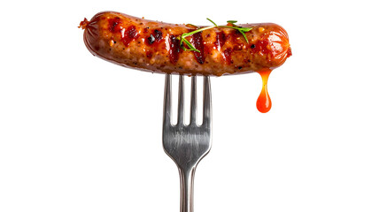 Grilled sausage on fork, glossy sauce dripping, sprig of green. Black background