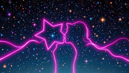 Neon Kiss Under the Stars: A Cosmic Valentine's Day Illustration for Love and Romance