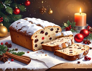 Festive fruitcake with powdered sugar, sliced, amid holiday decorations