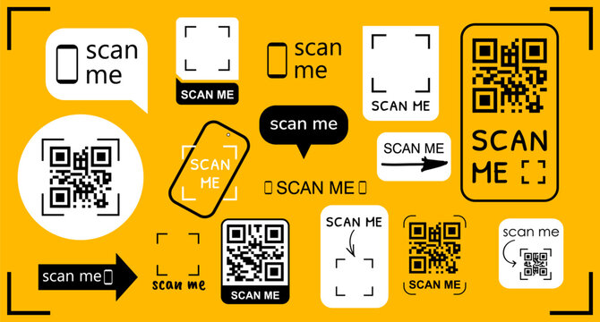 QR code scan frame for mobile phone. Modern scanner design with barcode border, smartphone mockup, camera screen badge, sticker card layout element. Sticker with scan me labels, smartphone icons