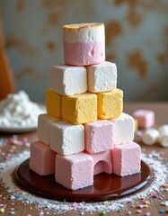 Whimsical Marshmallow Castle: A Sweet Treat Tower on Chocolate, Perfect for Valentine's Day or Fun Food Concepts. Dreamy, Pastel Colors and Delicious Dessert.