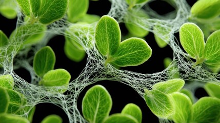 Translucent synthetic polymer mesh fused with green living plant cellular tissue and vascular structure. Innovative bio design sustainable material science. Biomaterial engineering biotechnology.