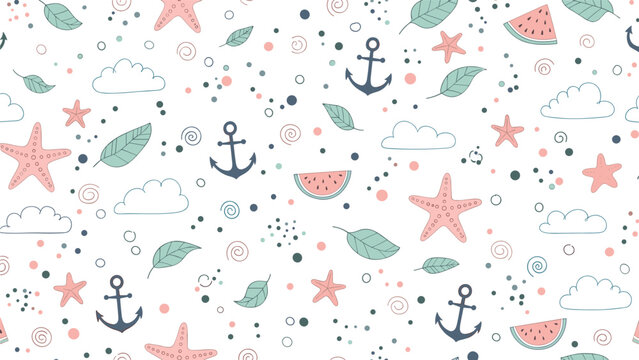 Seamless pattern featuring nautical and summer motifs like anchors and watermelon slices on a light background.