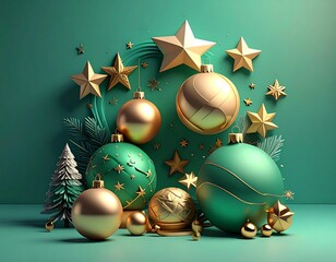 Festive green backdrop with gold stars, ornaments, and a tiny tree, creating a holiday cheer ambiance