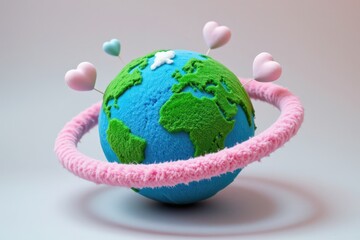Whimsical Furry Planet Earth with Heart Rings: A Cute and Cozy Valentine's Day Illustration for Peace and Love in the World.