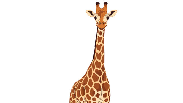 Close up portrait of a tall giraffe showing its distinctive spots and long neck against a plain white background.