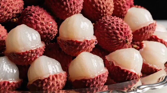 Fresh, Ripe Lychees with Crimson Shells Peeled Back to Reveal Juicy White Flesh, Displayed on a Silver Plate