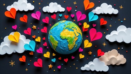 Global Love: Earth Surrounded by Origami Hearts and Whimsical Clouds, A Valentine's Day Concept in a Pop Surrealism Style.