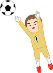 サッカーの試合で男の子のゴールキーパーが守る様子