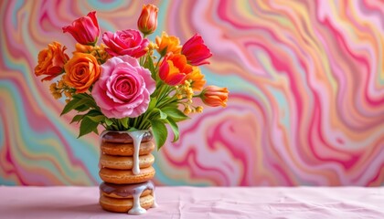 Surreal Donut Vase Bouquet: Melting Jelly Flowers in a Sweet Dreamscape