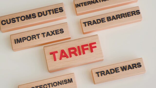 Zoom Out Reveal of 3D Wooden Tariff and Trade Barrier Blocks, International Trade Concept Animation