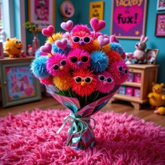 Whimsical Valentine: Fuzzy Monster Bouquet with Googly Eyes and Heart Sunglasses, a Colorful and Playful Twist on Traditional Romance, Perfect for Quirky Celebrations