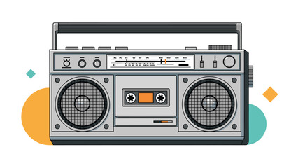 Fototapeta premium Detailed illustration of a vintage silver boombox radio with speakers and a cassette deck on a white background.