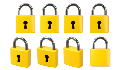 Eight 3D-rendered yellow padlocks in various perspectives against a transparent background