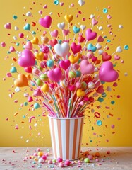 Exploding Candy Bouquet: A Festive Valentine's Day Celebration with Heart-Shaped Lollipops and Confetti on Yellow Background