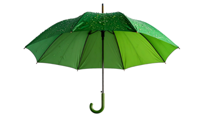 Bright green umbrella, open against a black background. Raindrops visible