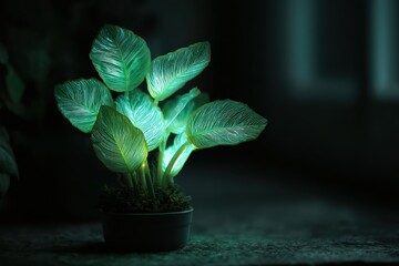 Vibrant green plant leaves glowing with soft bioluminescent light in darkness showcasing sustainable eco-friendly natural illumination technology and future living lamp botanical concept.