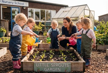 Obraz premium Young caucasian children watering plants with female teacher in school garden