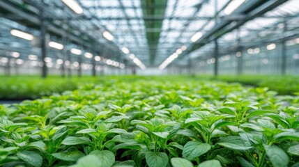 Biotech greenhouse with plants optimized for bio manufacturing, showing how scientists support sustainable industry transition, production system, and future biotechnology driven industrial innovation