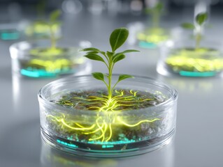 Bio-digital plant cell with glowing guide signals correcting DNA errors. Ethical precision engineering by scientists to support food resilience, sustainable agriculture, and future genetic innovation.