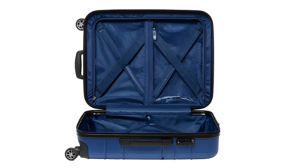 Open blue suitcase revealing interior with straps, zippers, and wheels, against black background