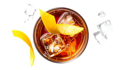 Overhead view of a cocktail in a glass with ice cubes, and a bright yellow citrus peel