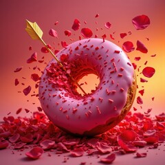 Cupid's Arrow Piercing a Pink Donut with Rose Petals, a Sweet Valentine's Day Treat, Symbolizing Love and Delicious Indulgence.