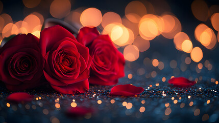 Roses on a surface with lights and petals during a celebration in a dim environment at night women's day