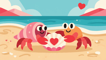 Illustration Of Hermit Crabs Choosing A New Shell Together, The Shell Is Decorated With A Heart Motif Vector Design Template © Princess