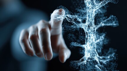 A human engineer's hand interacting with a transparent holographic interface. Ethical AI neural networks and fair data structures. Transparent technology and responsible artificial intelligence.
