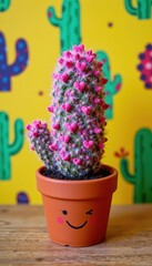 Whimsical Valentine's Cactus with Pink Fur and Heart Shapes in a Smiling Pot Against a Memphis Patterned Yellow Background