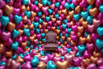 Claustrophobic Joy: Antique Chair Surrounded by Metallic Heart Balloons in Magenta, Gold, and Cyan - Valentine's Day Concept