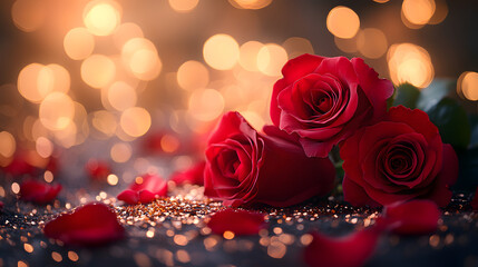 Red roses on a table with blurry lights in the background during a romantic setting at night women's day